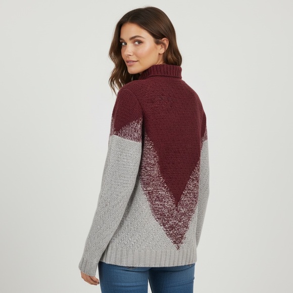 Bloomingdales Pullover Sweater Wool Knit Gray/Burgundy High Neck Size XS - Picture 4 of 13